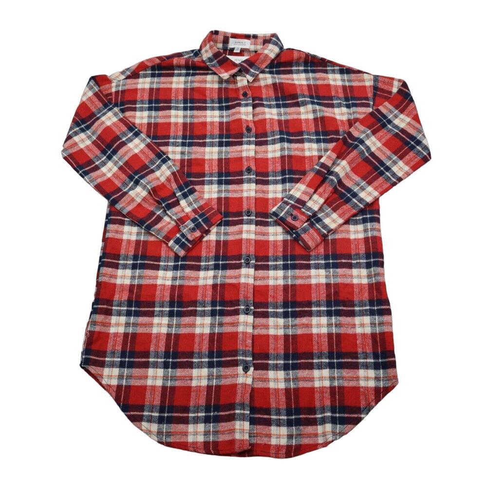 Noble U Shirt Womens S Red Long Sleeve Collar Flannel Plaid Tunic Button Up